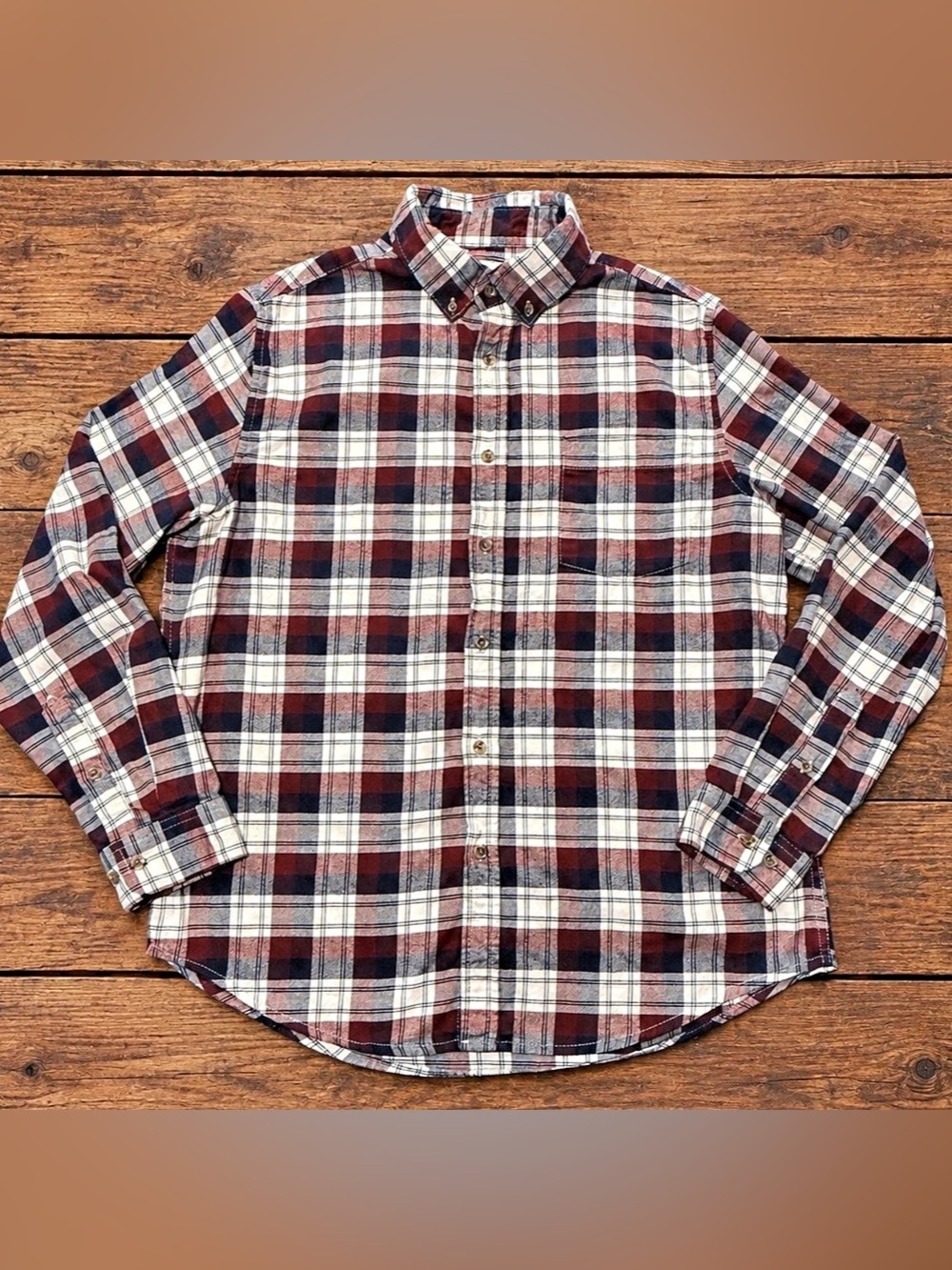 Goodfellow & Co Men’s L Plaid Flannel Button-Down Shirt Burgundy Navy Cotton
